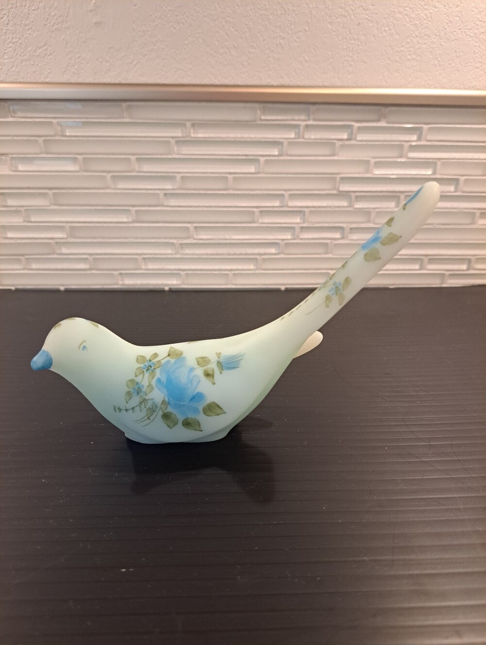 Fenton Happiness Bird Long Tail Blue Satin Glass Hand Painted by M. Kenan